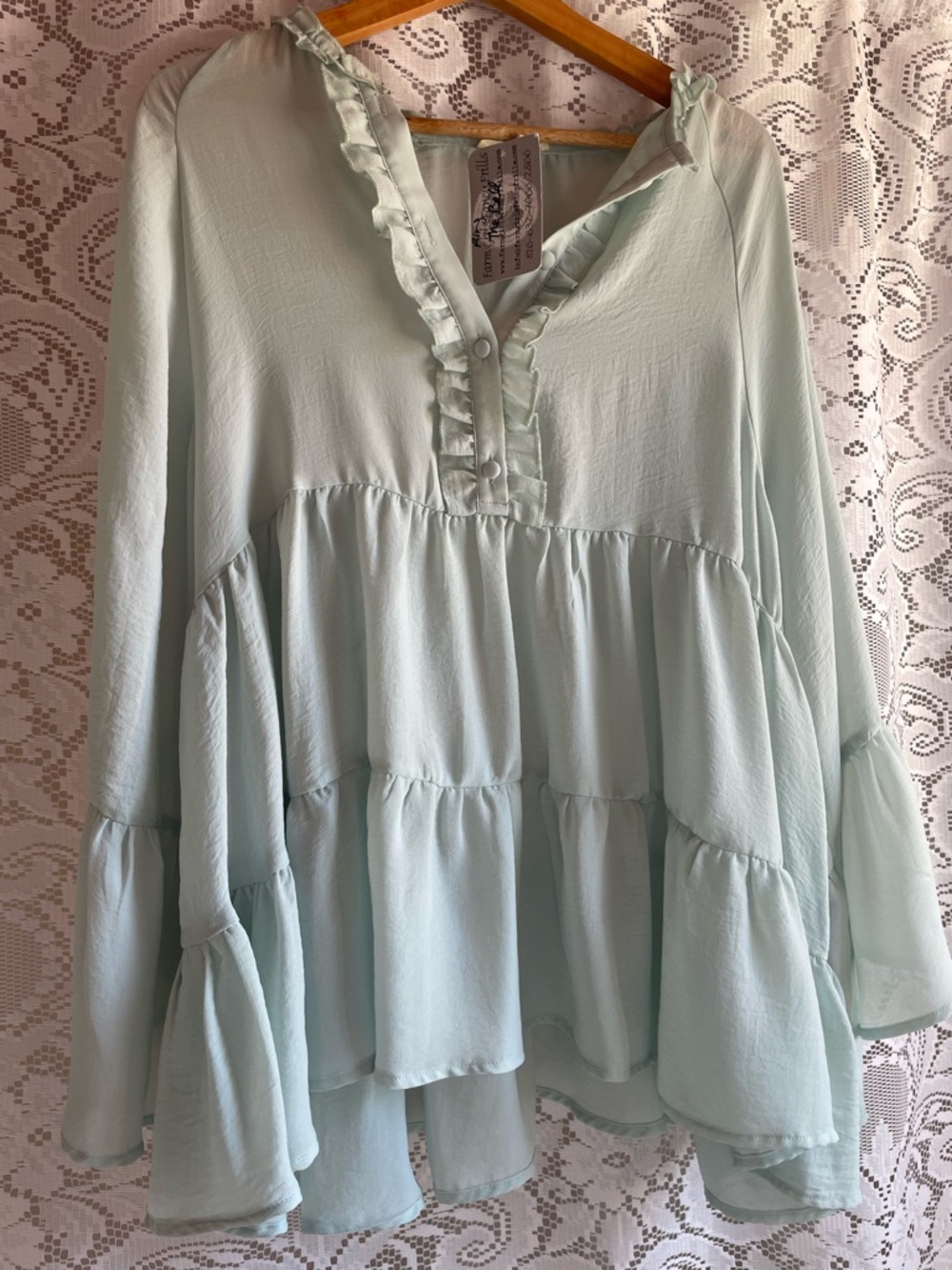 EASEL Mint Green Ruffle V-Neck Tiered Tunic Babydoll Peasant Boho Top Women’s M